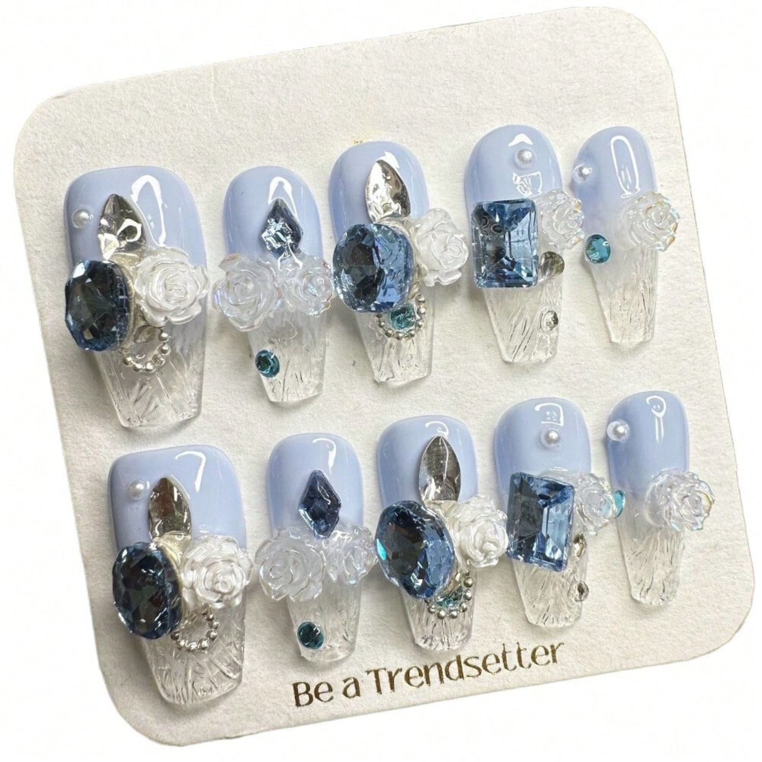 Blue Rhinestone 3D Rose Handcrafted Press-On Nails Acrylic False Nails-Free Shipping