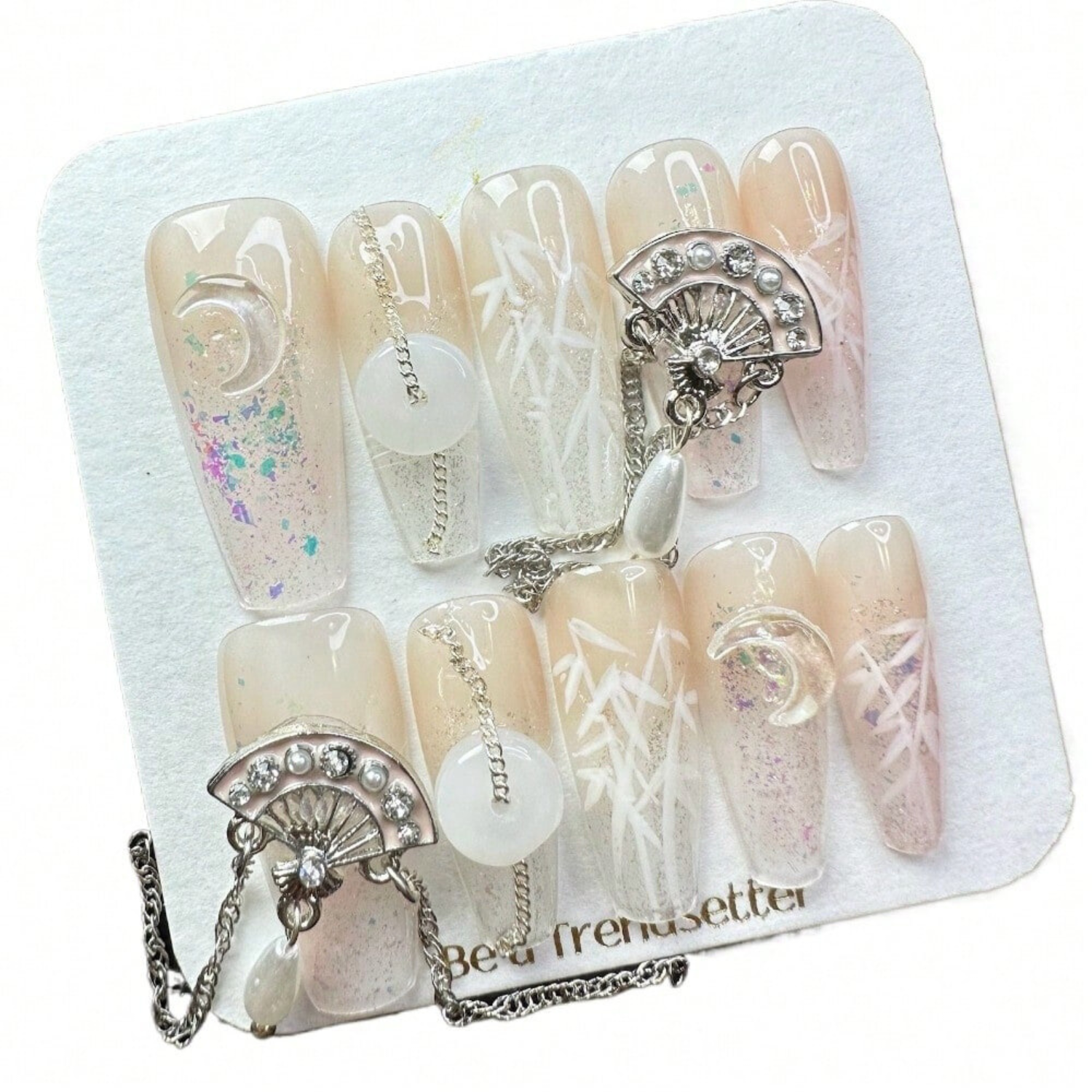 Pearl Chain Rhinestone 3D Metallic Fan Handcrafted Press-On Nails Acrylic False Nails-Free Shipping