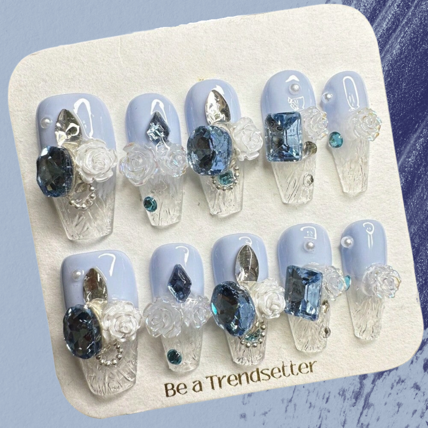 Blue Rhinestone 3D Rose Handcrafted Press-On Nails Acrylic False Nails-Free Shipping