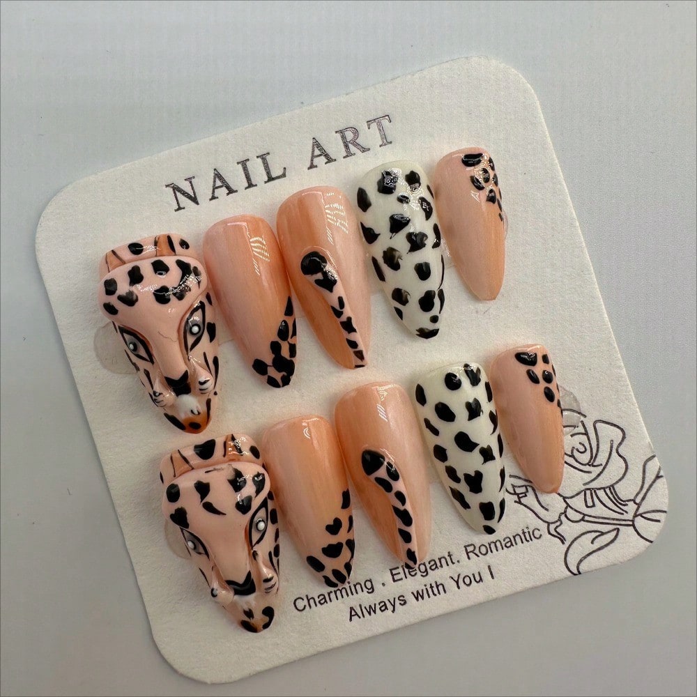 Chic Leopard Face 3D Themed Handcrafted Press-On Nails Acrylic False Nails-Free Shipping