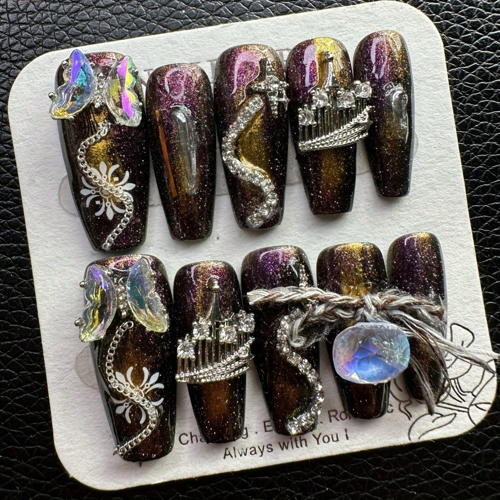 Butterfly Rhinestone Glitter Handcrafted 3D Press-On Nails Acrylic False Nails-Free Shipping