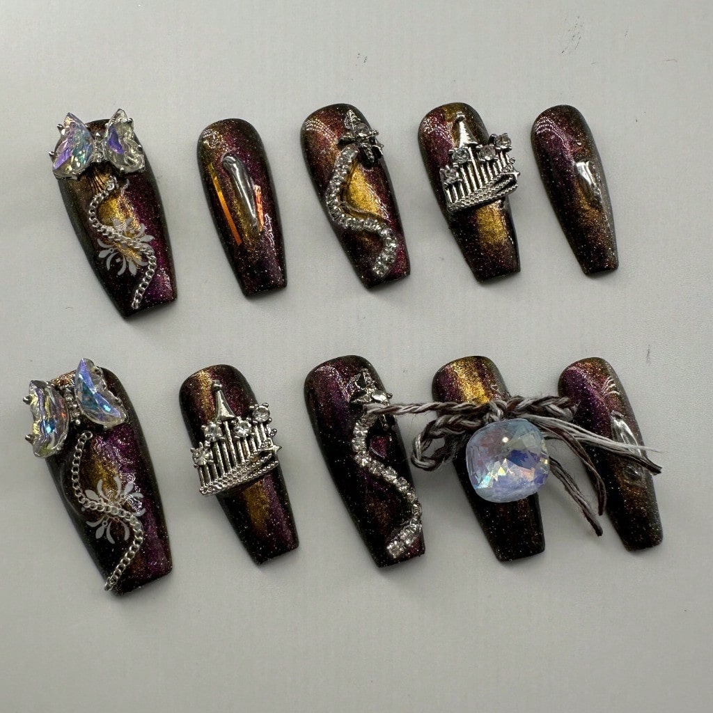 Butterfly Rhinestone Glitter Handcrafted 3D Press-On Nails Acrylic False Nails-Free Shipping