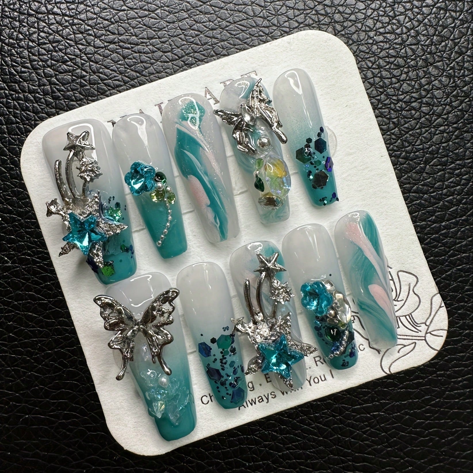 Chic 3D Butterfly Star White Teal Marble Handcrafted Press-On Nails Acrylic False Nails – Free Shipping