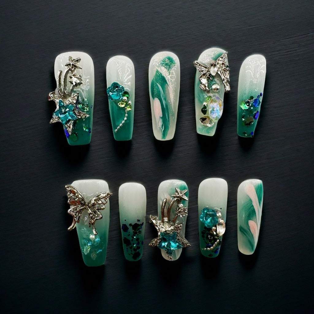 Chic 3D Butterfly Star White Teal Marble Handcrafted Press-On Nails Acrylic False Nails – Free Shipping