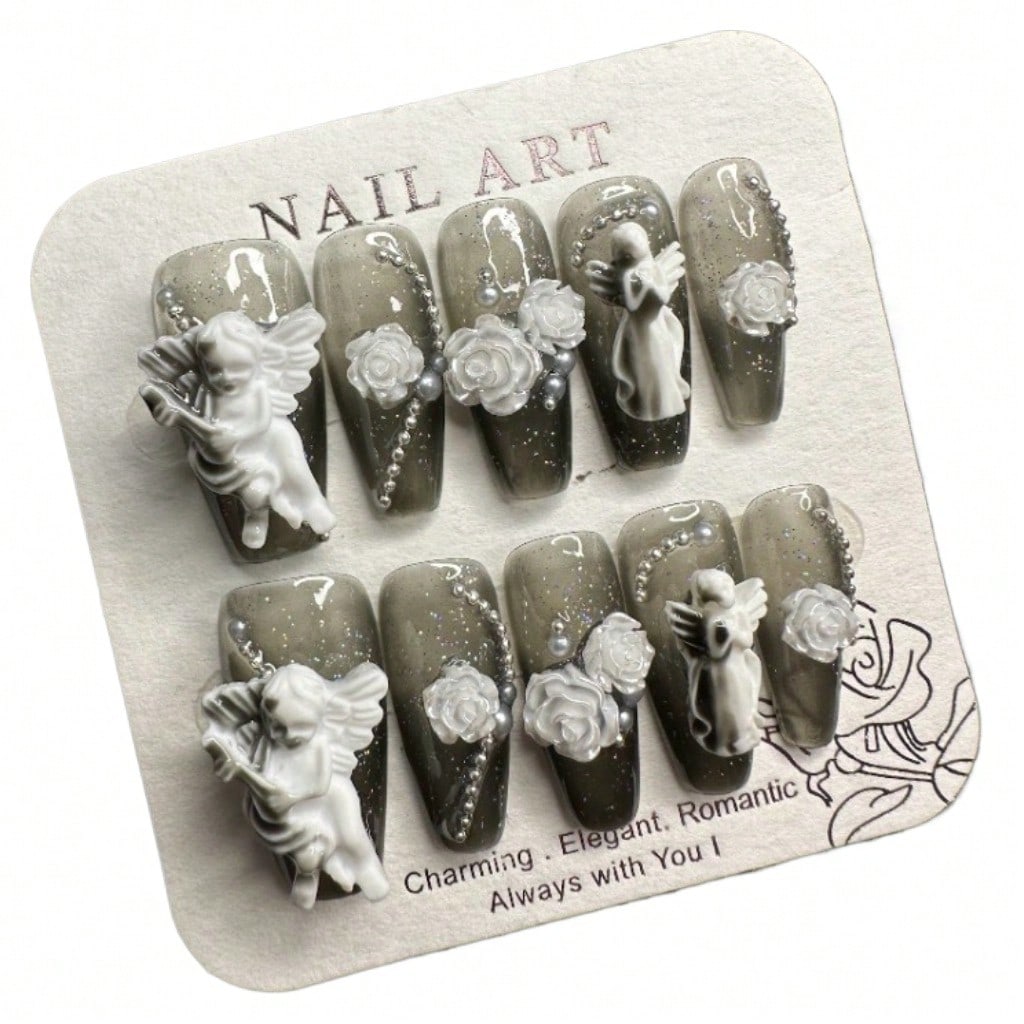 Angel Floral 3D Handcrafted Press-On Nails Acrylic Fake Nails-Free Shipping