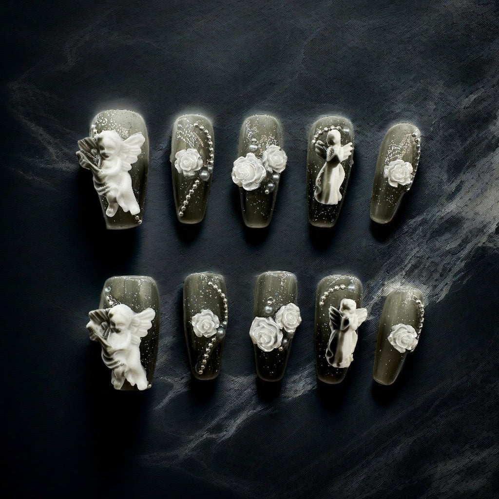 Angel Floral 3D Handcrafted Press-On Nails Acrylic Fake Nails-Free Shipping