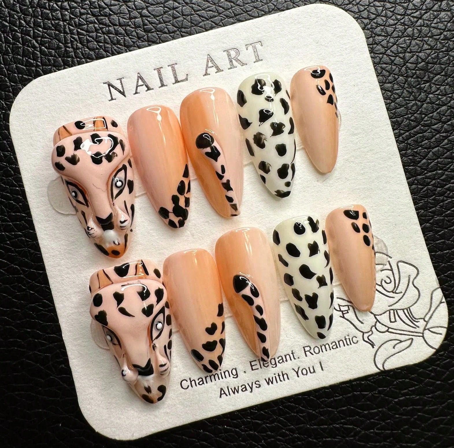 Chic Leopard Face 3D Themed Handcrafted Press-On Nails Acrylic False Nails-Free Shipping