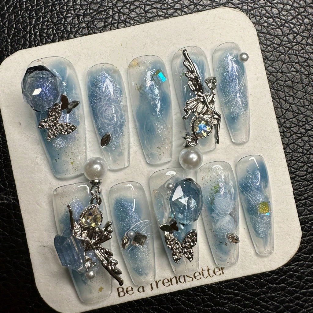 Pearls Butterfly Frosted Glitter Metallic 3D Handcrafted Press-On Nails Acrylic Fake Nails-Free Shipping