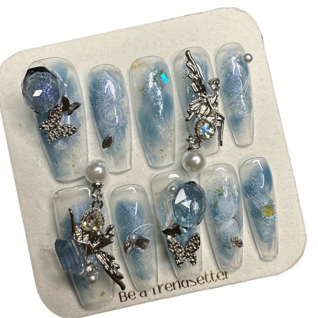 Pearls Butterfly Frosted Glitter Metallic 3D Handcrafted Press-On Nails Acrylic Fake Nails-Free Shipping