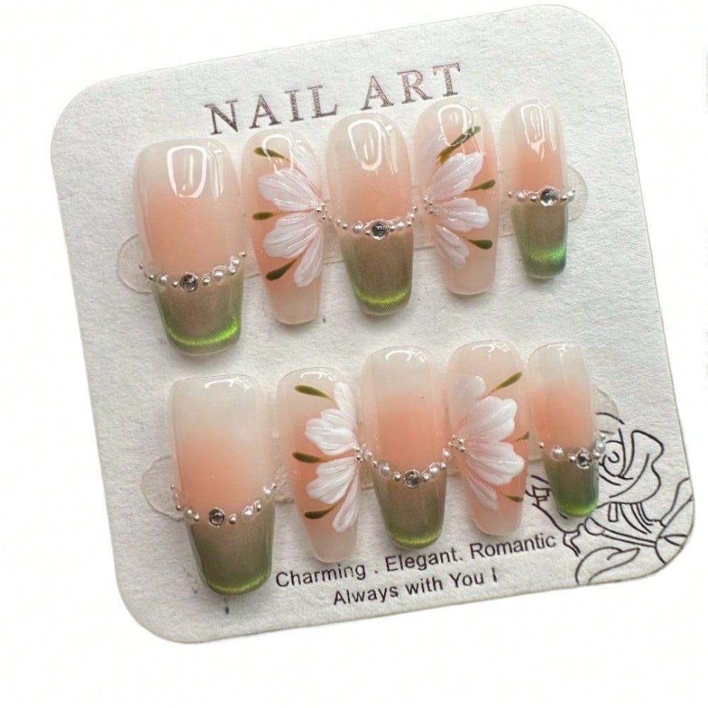 Chic Green White Ombre Floral 3D Pearl Handcrafted Press-On Nails Acrylic False Nails-Free Shipping