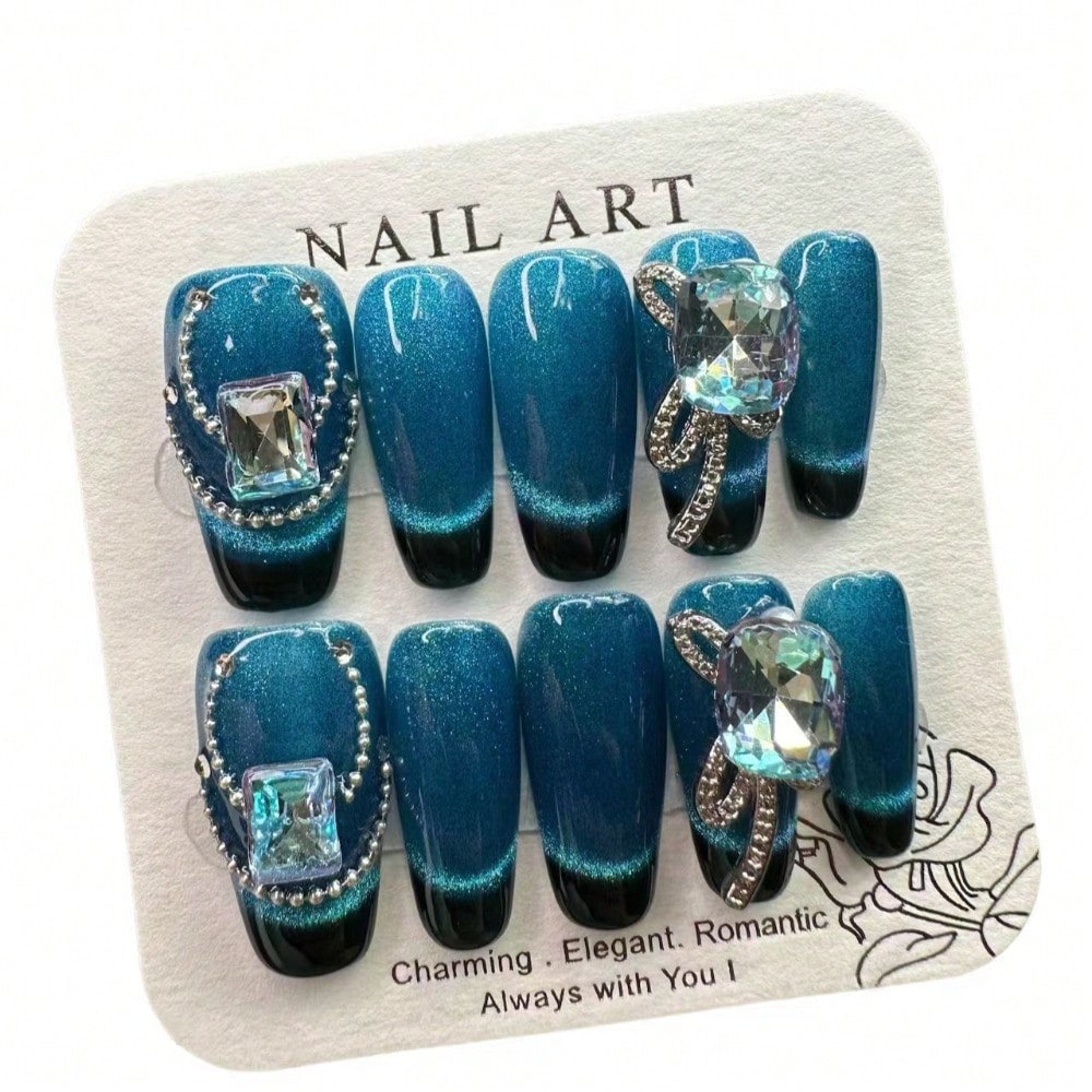 Chic Blue Gradient 3D Handcrafted Silver Rhinestone Press-On Nails Acrylic False Nails-Free Shipping