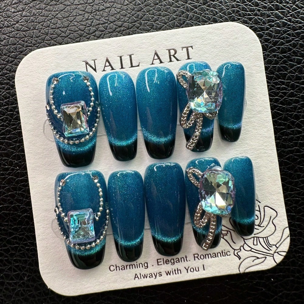 Chic Blue Gradient 3D Handcrafted Silver Rhinestone Press-On Nails Acrylic False Nails-Free Shipping