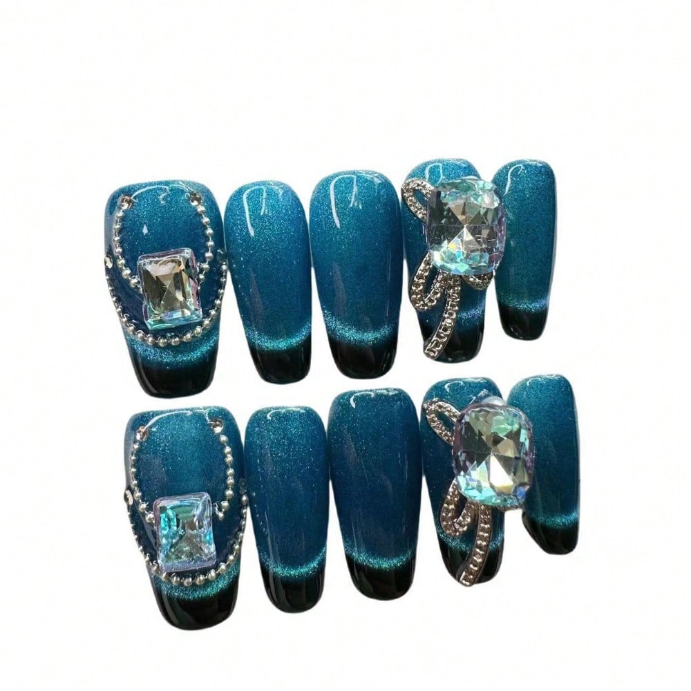 Chic Blue Gradient 3D Handcrafted Silver Rhinestone Press-On Nails Acrylic False Nails-Free Shipping