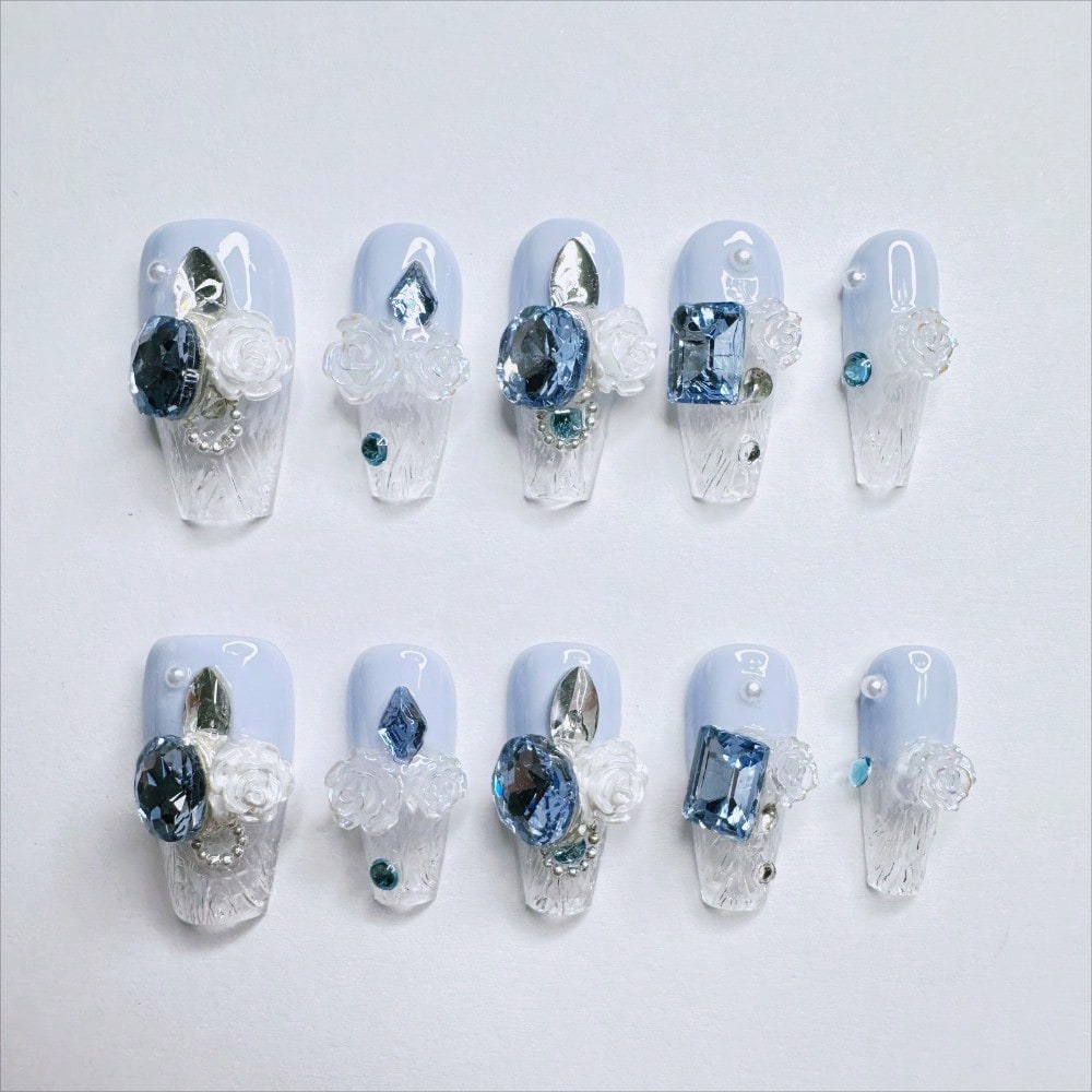 Blue Rhinestone 3D Rose Handcrafted Press-On Nails Acrylic False Nails-Free Shipping