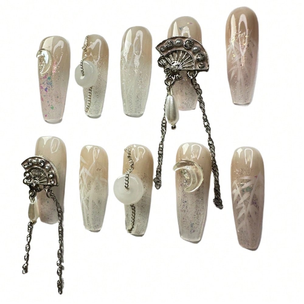 Pearl Chain Rhinestone 3D Metallic Fan Handcrafted Press-On Nails Acrylic False Nails-Free Shipping