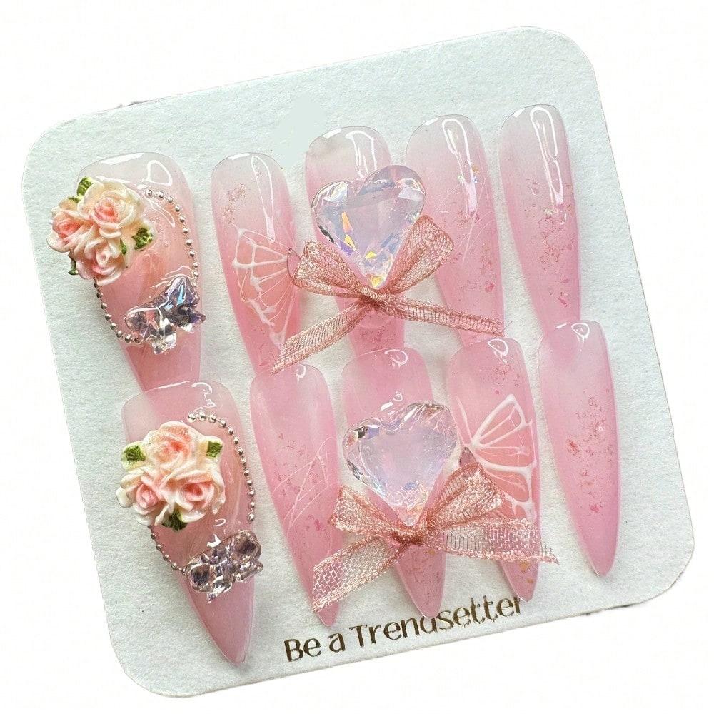 Chic Pink Floral Heart Handcrafted 3D Heart Gem Press-On Nails Acrylic False Nails-Free Shipping