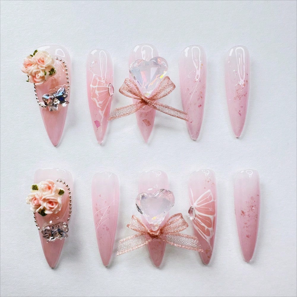 Chic Pink Floral Heart Handcrafted 3D Heart Gem Press-On Nails Acrylic False Nails-Free Shipping