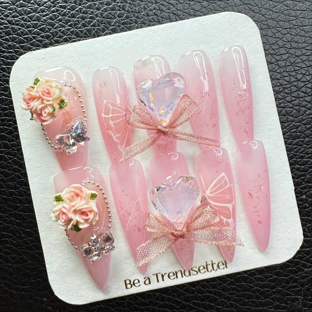 Chic Pink Floral Heart Handcrafted 3D Heart Gem Press-On Nails Acrylic False Nails-Free Shipping
