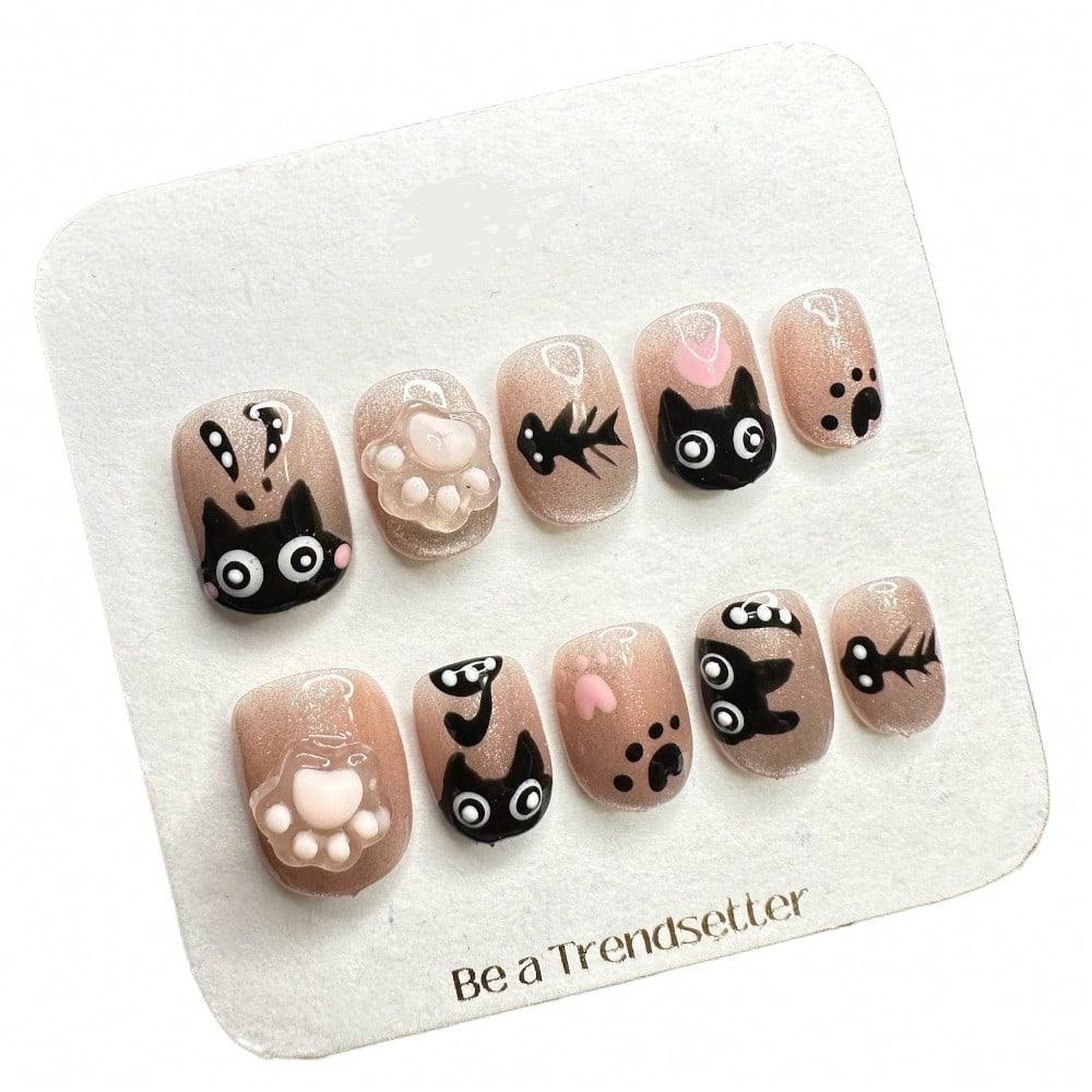 Trendy Cat Paw Fish Bone Handcrafted Glossy 3D Press-On Nails Acrylic False Nails-Free Shipping