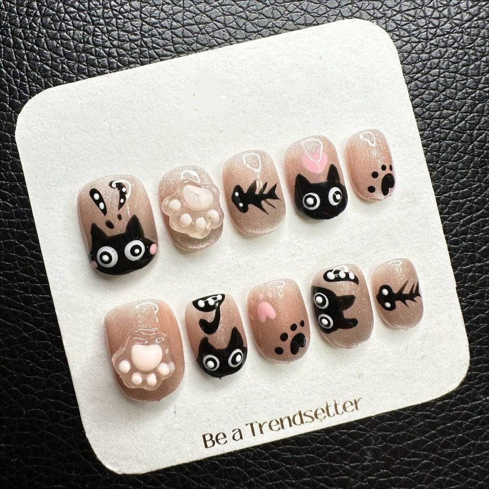 Trendy Cat Paw Fish Bone Handcrafted Glossy 3D Press-On Nails Acrylic False Nails-Free Shipping