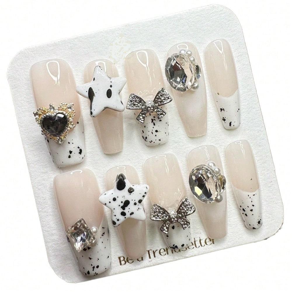 Stylish Black White Rhinestone 3D Bow Heart Star Handcrafted Press-On Nails Acrylic Fake Nails-Free Shipping