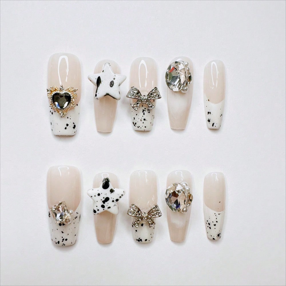 Stylish Black White Rhinestone 3D Bow Heart Star Handcrafted Press-On Nails Acrylic Fake Nails-Free Shipping