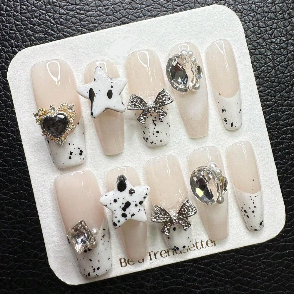 Stylish Black White Rhinestone 3D Bow Heart Star Handcrafted Press-On Nails Acrylic Fake Nails-Free Shipping