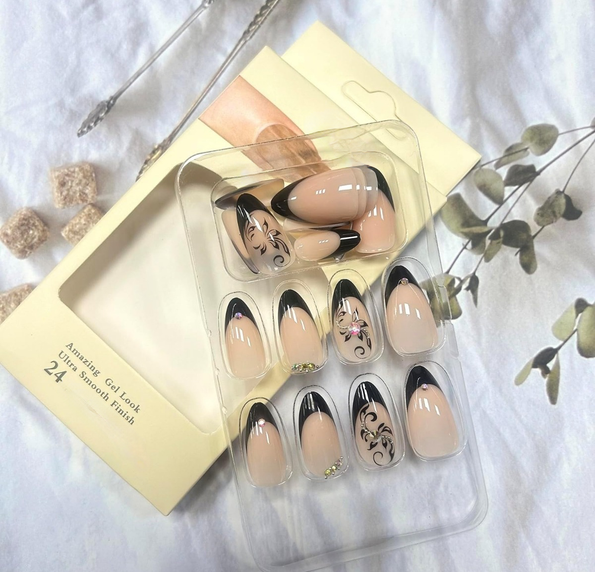 Chic Floral Rhinestone Black French Press-On Nails Acrylic Fake Nails-Free Shipping