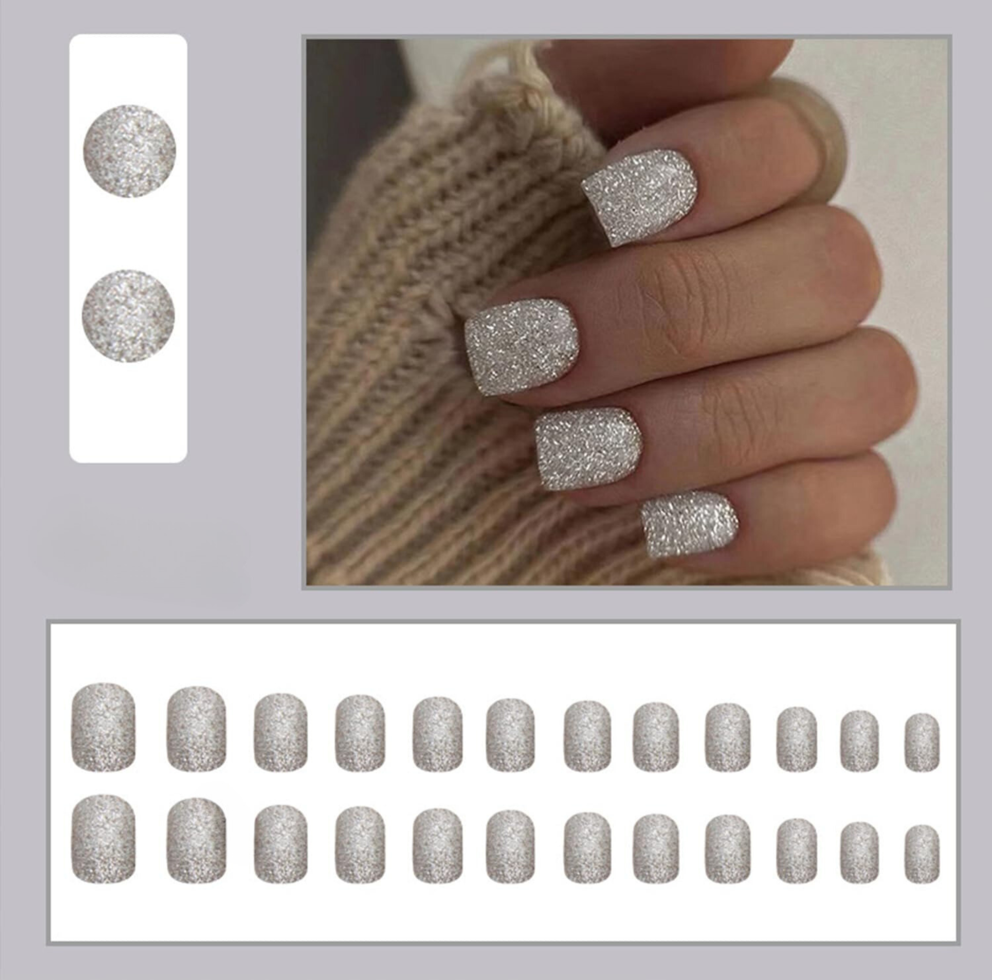 Dazzling Silver Glitter Square Press-On Nails Acrylic Fake Nails - Free Shipping