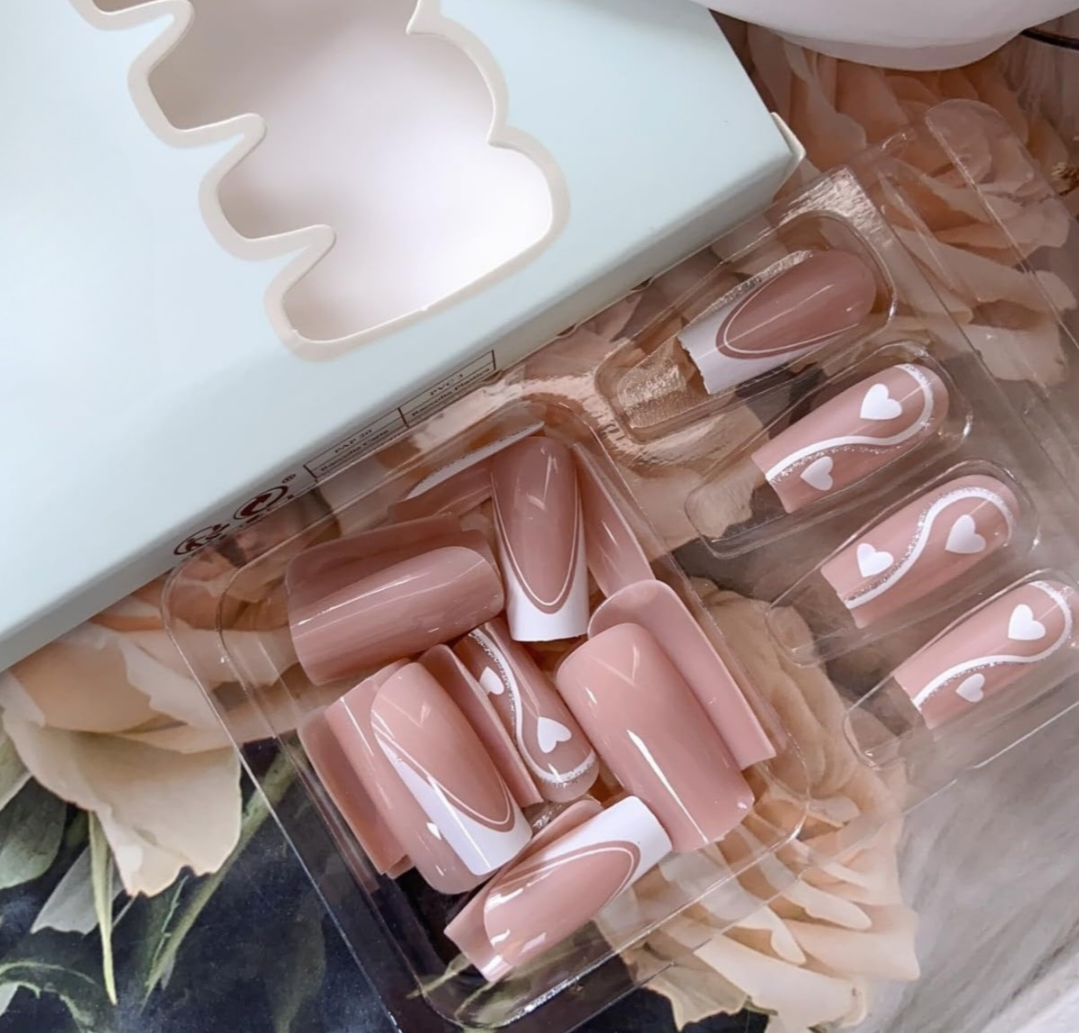 Abstract Heart Glitter French Tip Press on Nails Acrylic False Nails-Free Shipping