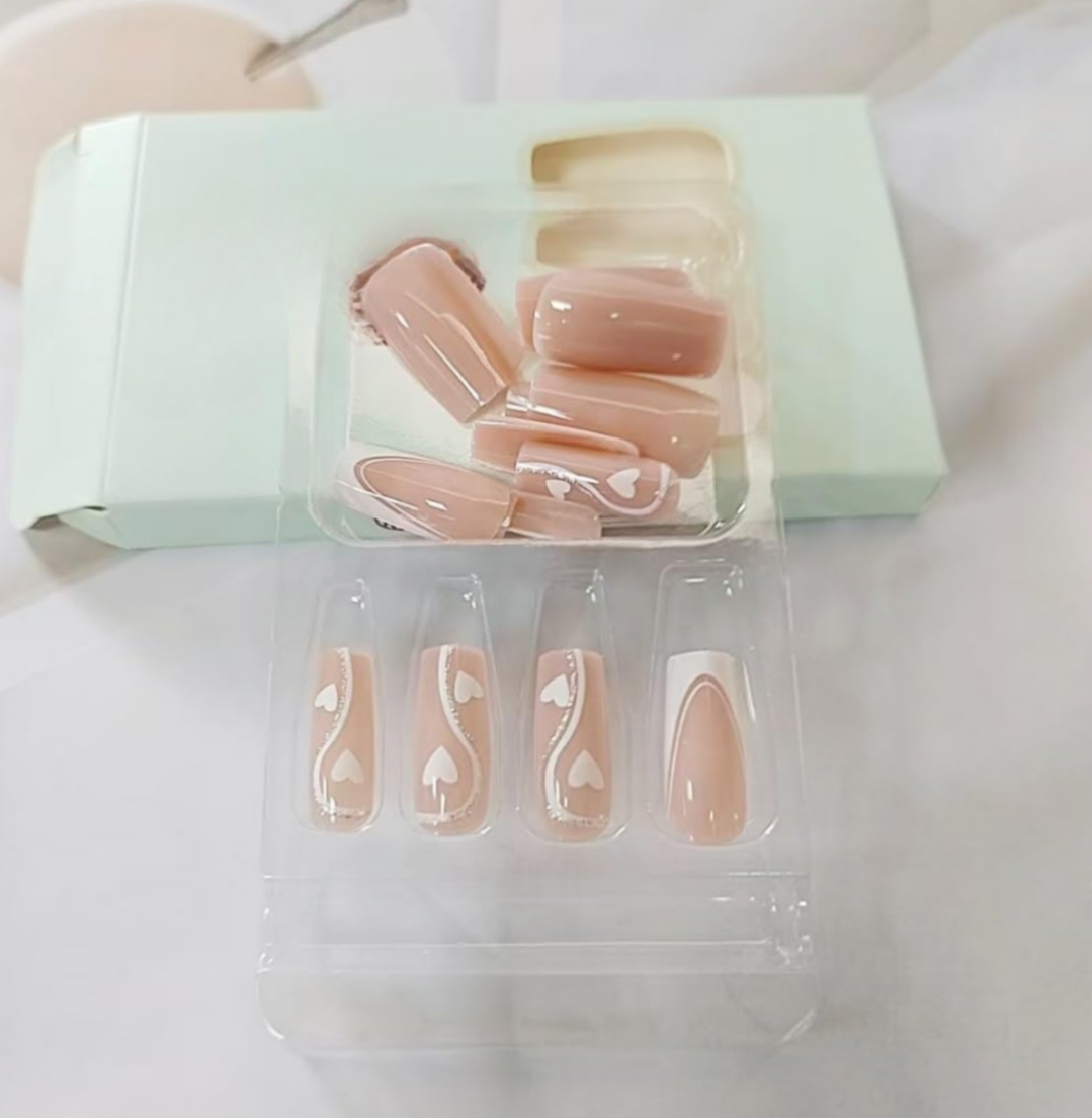 Abstract Heart Glitter French Tip Press on Nails Acrylic False Nails-Free Shipping