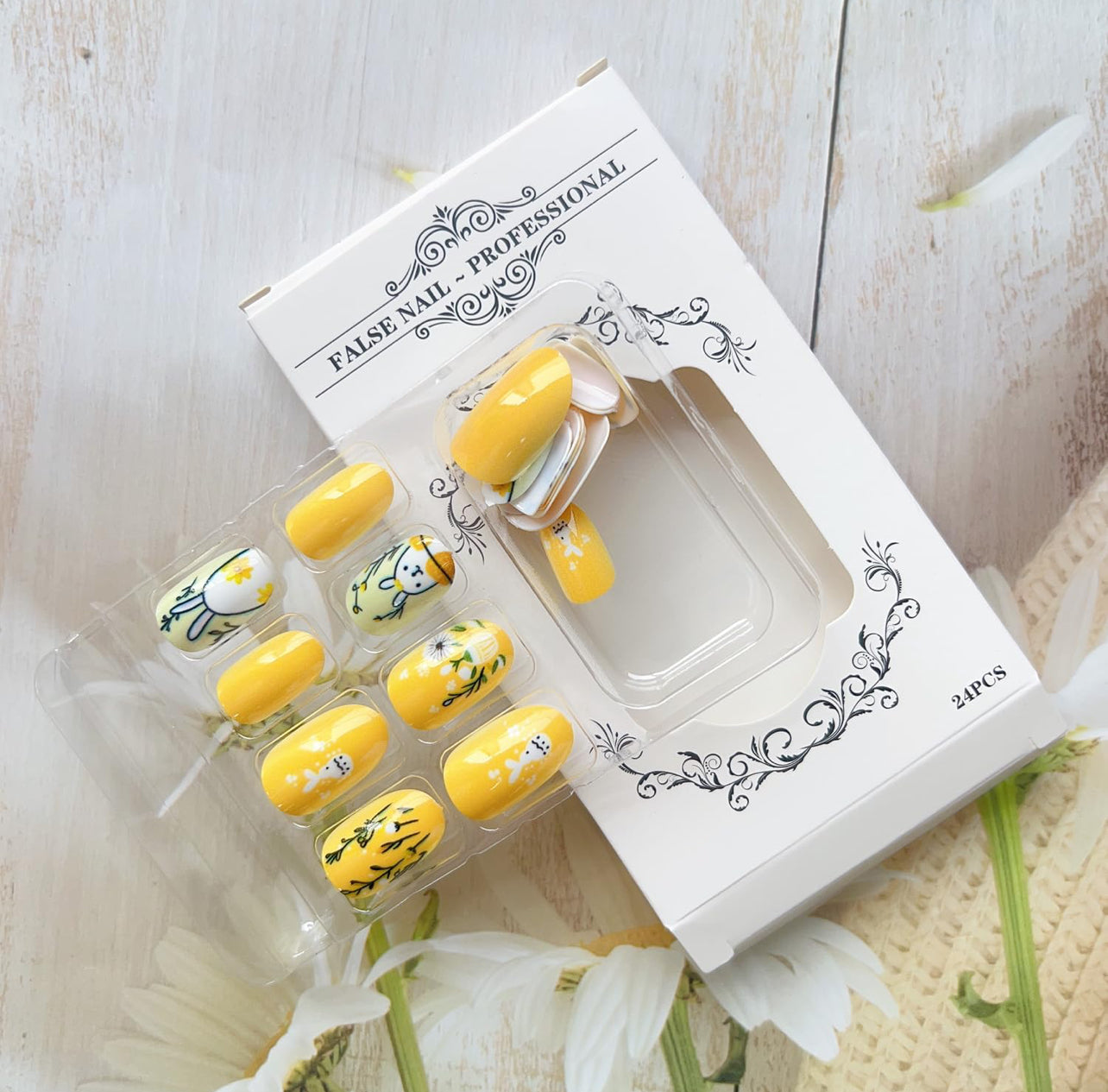 Cute Spring Easter Bunny Florals Press-On Nails Fake Artificial Nails 24 Pcs-Free shipping