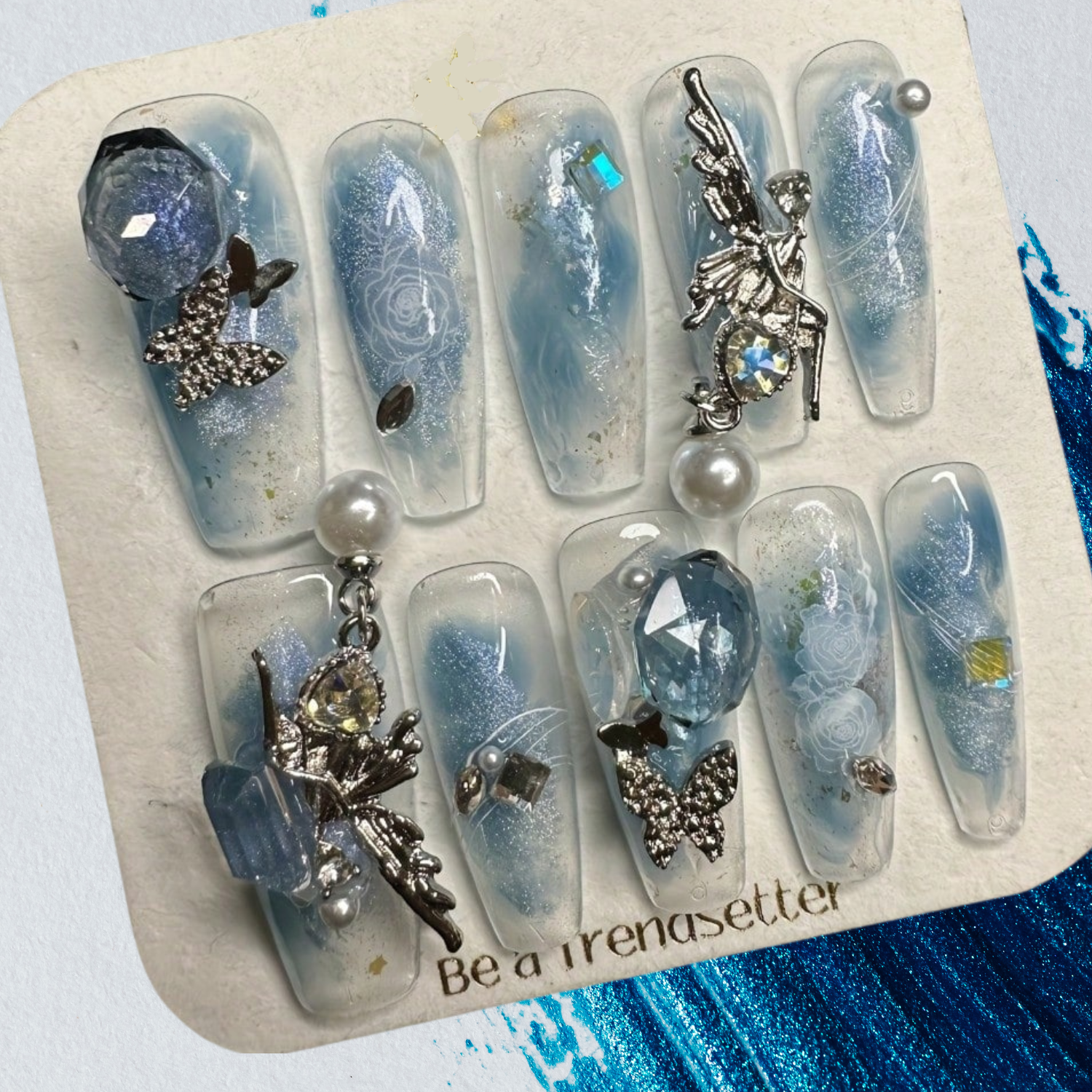 Pearls Butterfly Frosted Glitter Metallic 3D Handcrafted Press-On Nails Acrylic Fake Nails-Free Shipping