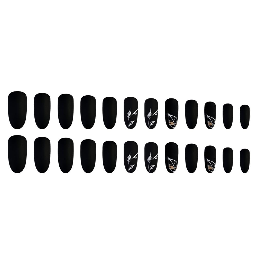 Black Matte Gold Leaf Almond Press-On Nails Acrylic False Nails-Free Shipping