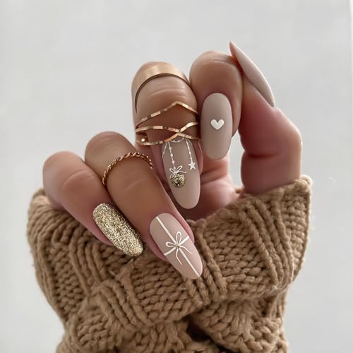 Elegant Christmas Bell Bow Glitter Almond Acrylic Press-On Nails False Nails-Free Shipping