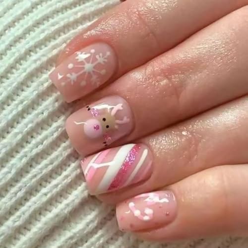 Pink Reindeer Snowflake Candy Cane Christmas Press-On Nails Acrylic Fake Nails - Free Shipping