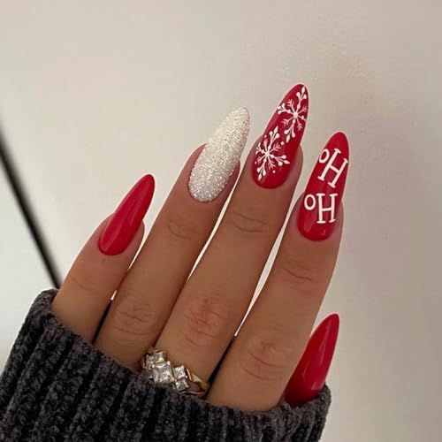 Festive Red White Snow Flake Glitter Christmas Press-On Nails Sparkling Acrylic Manicure-Free Shipping