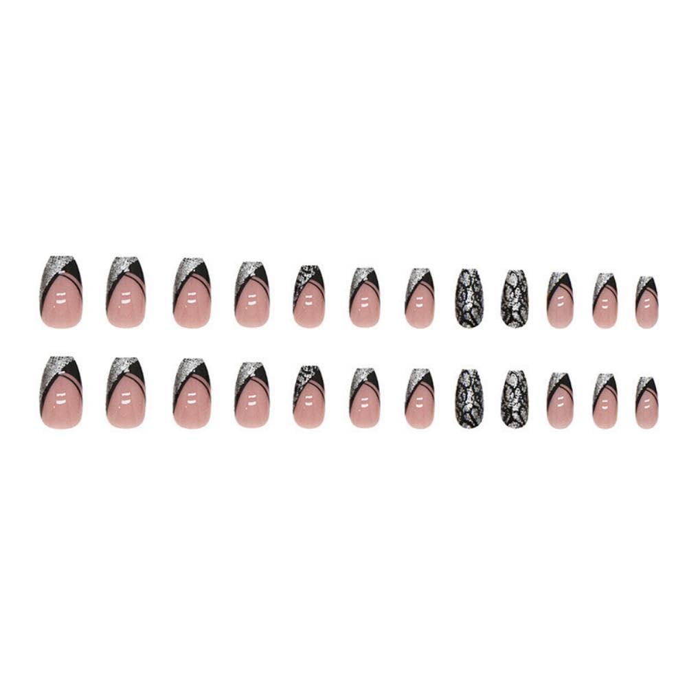 Silver Black Coffin Press-On Nails Glitter Acrylic Fake Nails - Free Shipping