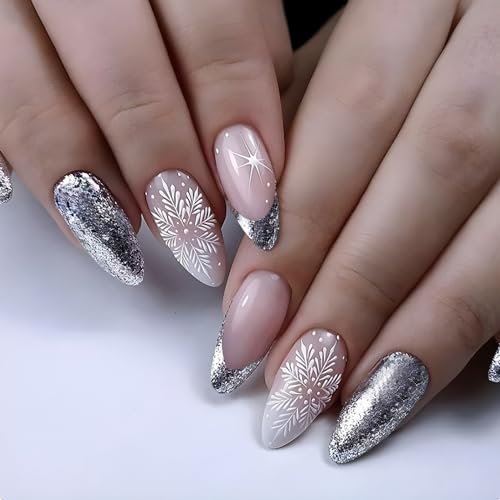 Winter Silver Glitter Snowflake French Christmas Press-On Nails Acrylic False Nails - Free Shipping