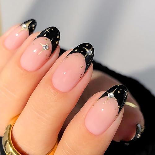 Black Rhinestone French Almond Press on Nails - 24 Pcs Medium Square Full Cover Fake Nails - Free Shipping