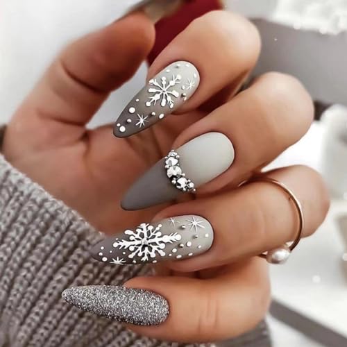 Glitter Snowflake Rhinestone Christmas Press-On Nails Acrylic False Nails-Free Shipping