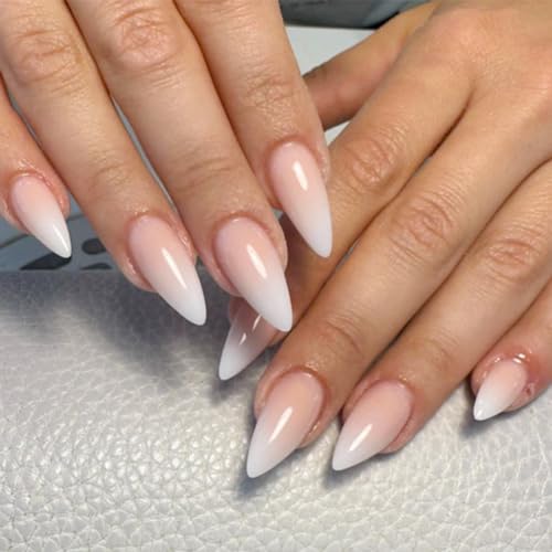 Chic White Pink Ombre Almond Press-On Nails Gradient Design - Free Shipping