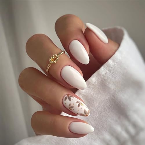 Stylish White Leaf Almond Press on Nails Fake Acrylic Gel on Nails - Free Shipping