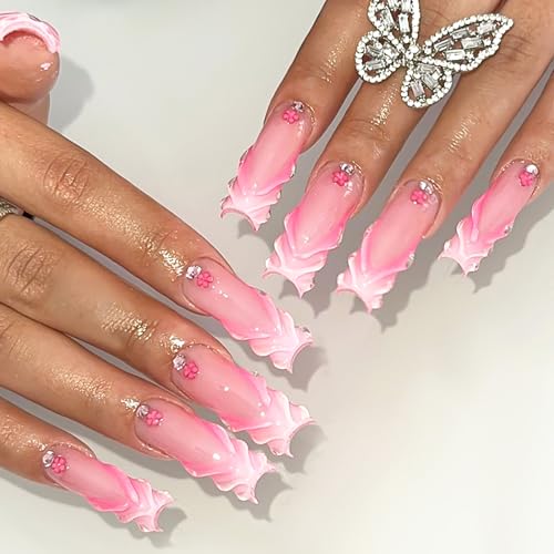 Chic Pink 3-D Wavy Edge Floral Accent Coffin Press-On Nails Fake Nails - Free Shipping