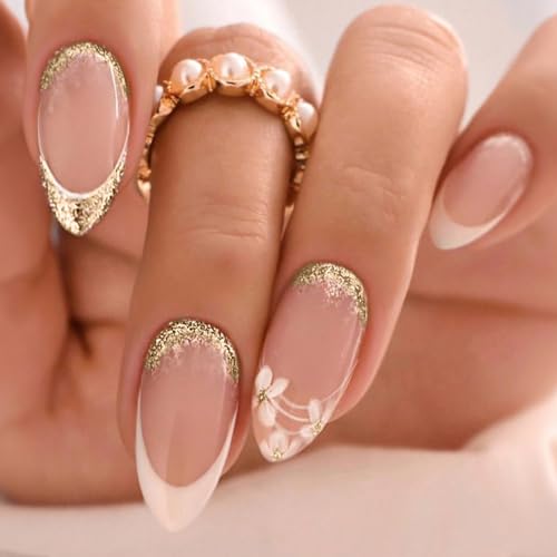 Elegant Gold Glitter Almond French Tip Press-On Fake Nails- Free Shipping