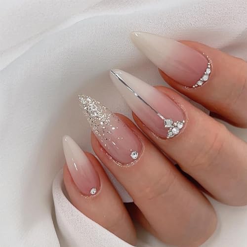 Chic Glitter and Rhinestones Almond French Tip Press on Nails- Free Shipping