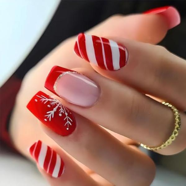 Christmas Hat Bow Design Press-On Nails Short Square Acrylic Set 24pcs Stick-On Manicure-Free Shipping - Lady Luana Luxe Nails