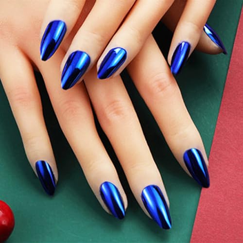 Blue Chrome Metal Press-On Nails Almond False Nails with Mirror Shine - Free Shipping