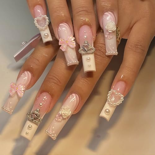 3D Pearl Flower Rhinestone Bow Long Coffin Press-On Nails French Tip Acrylic Nails-Free Shipping