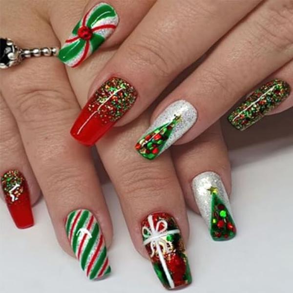 Christmas Hat Bow Design Press-On Nails Short Square Acrylic Set 24pcs Stick-On Manicure-Free Shipping - Lady Luana Luxe Nails